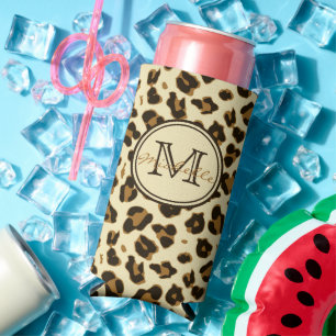 Cute Leopard Print Monogrammed Can Cooler