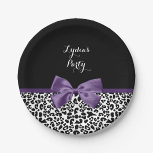 Cute Leopard Print Pretty Purple Bow With Name Paper Plate