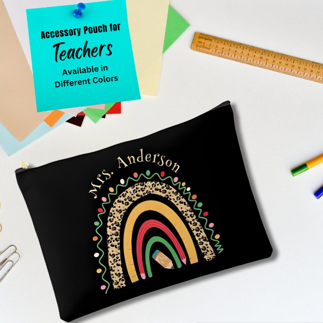 Cute Leopard Rainbow Teachers Day Gifts Black Accessory Pouch (Creator Uploaded)