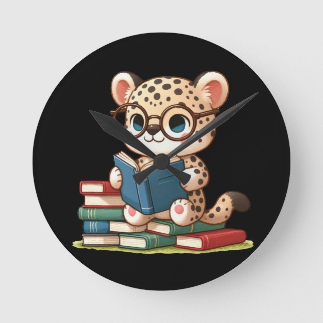 Cute Leopard Reading Round Clock (Front)