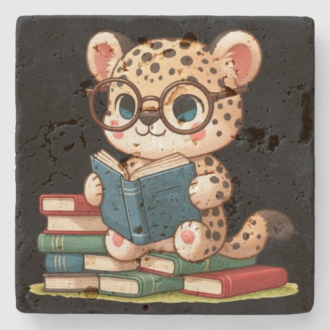 Cute Leopard Reading Stone Coaster (Front)