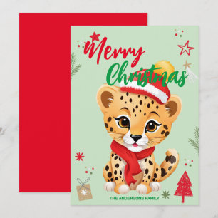 Cute leopard santa Christmas Holiday Family name Card