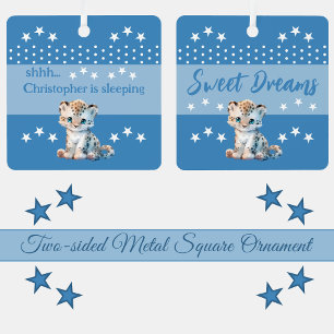 Cute leopard shhh add name is sleeping blue metal tree decoration