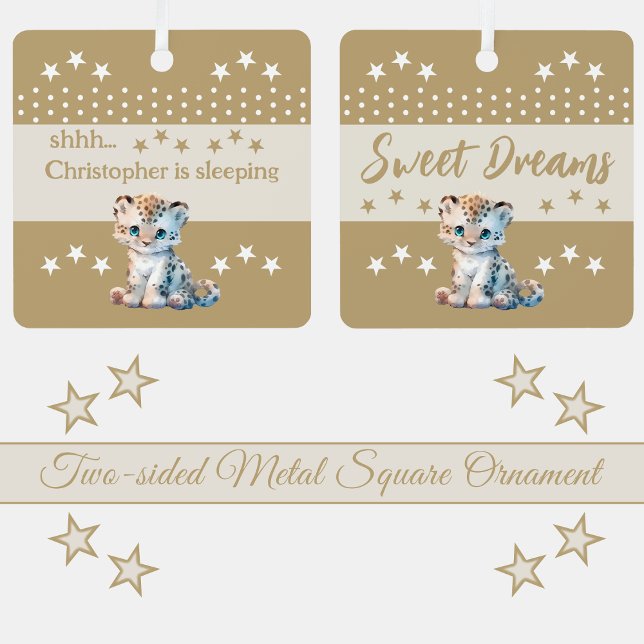 Cute leopard shhh add name is sleeping brown metal tree decoration (Creator Uploaded)