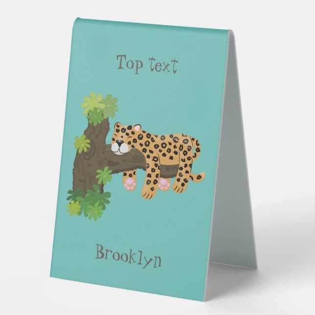 Cute leopard sleeping in tree cartoon illustration (Front)