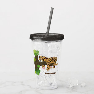 Cute leopard sleeping in tree cartoon illustration acrylic tumbler