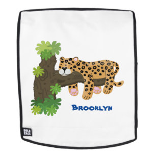 Cute leopard sleeping in tree cartoon illustration backpack