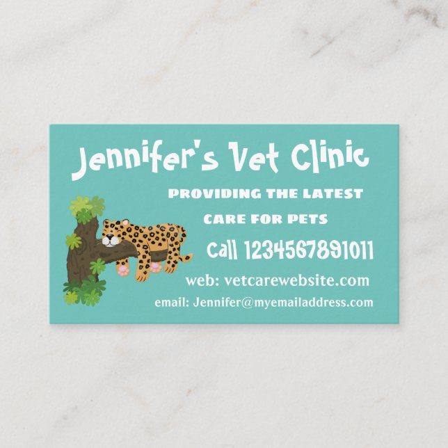 Cute leopard sleeping in tree cartoon illustration business card (Front)