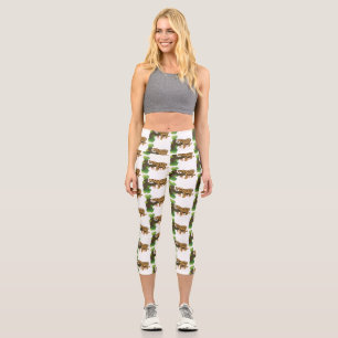 Cute leopard sleeping in tree cartoon illustration capri leggings