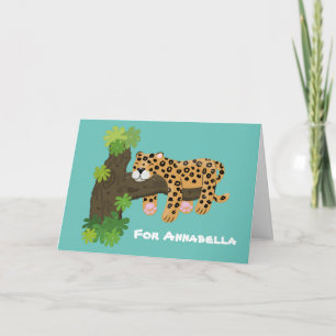 Cute leopard sleeping in tree cartoon illustration card