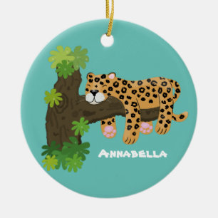 Cute leopard sleeping in tree cartoon illustration ceramic tree decoration