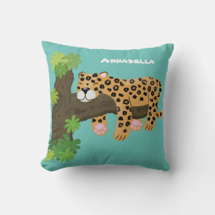 Cute leopard sleeping in tree cartoon illustration cushion