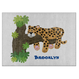 Cute leopard sleeping in tree cartoon illustration cutting board