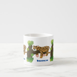 Cute leopard sleeping in tree cartoon illustration espresso cup