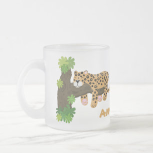 Cute leopard sleeping in tree cartoon illustration frosted glass coffee mug