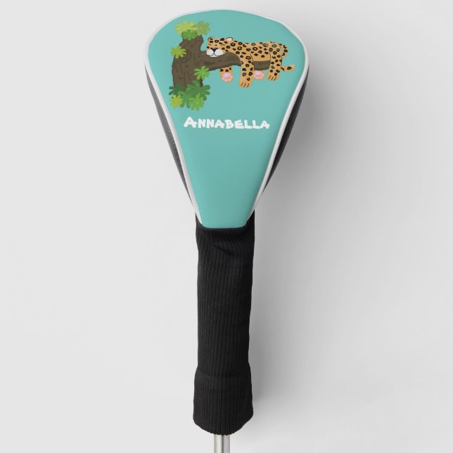 Cute leopard sleeping in tree cartoon illustration golf head cover (Front)