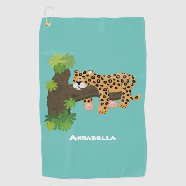 Cute leopard sleeping in tree cartoon illustration golf towel (Front)