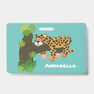 Cute leopard sleeping in tree cartoon illustration ID badge