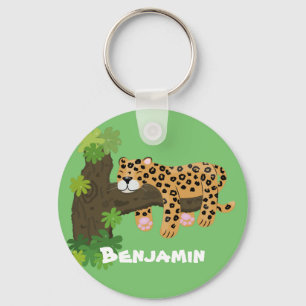 Cute leopard sleeping in tree cartoon illustration key ring