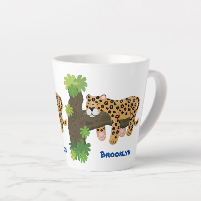 Cute leopard sleeping in tree cartoon illustration latte mug (Right Angle)