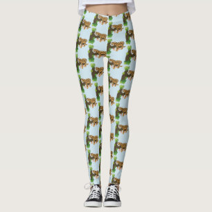 Cute leopard sleeping in tree cartoon illustration leggings