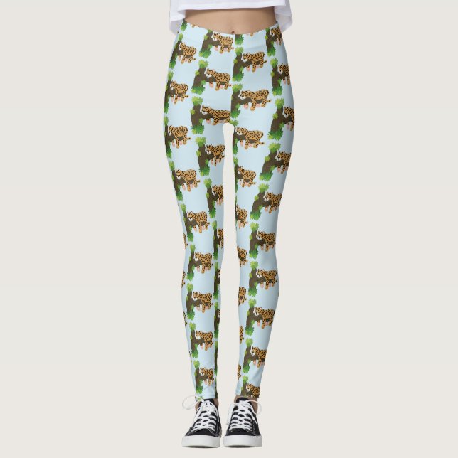 Cute leopard sleeping in tree cartoon illustration leggings (Front)
