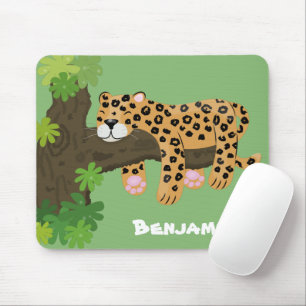 Cute leopard sleeping in tree cartoon illustration mouse mat