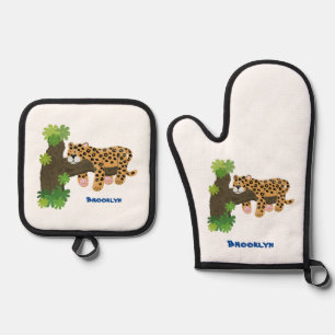 Cute leopard sleeping in tree cartoon illustration oven mitt & pot holder set