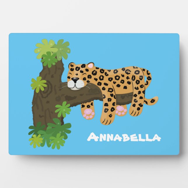 Cute leopard sleeping in tree cartoon illustration plaque (Front)