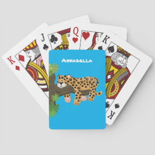 Cute leopard sleeping in tree cartoon illustration playing cards