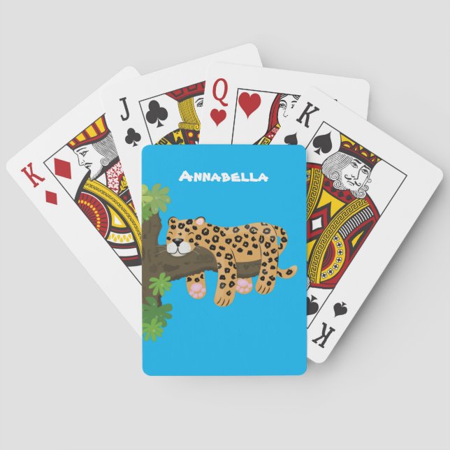Cute leopard sleeping in tree cartoon illustration playing cards (Back)