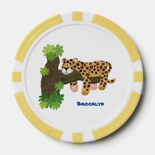 Cute leopard sleeping in tree cartoon illustration poker chips