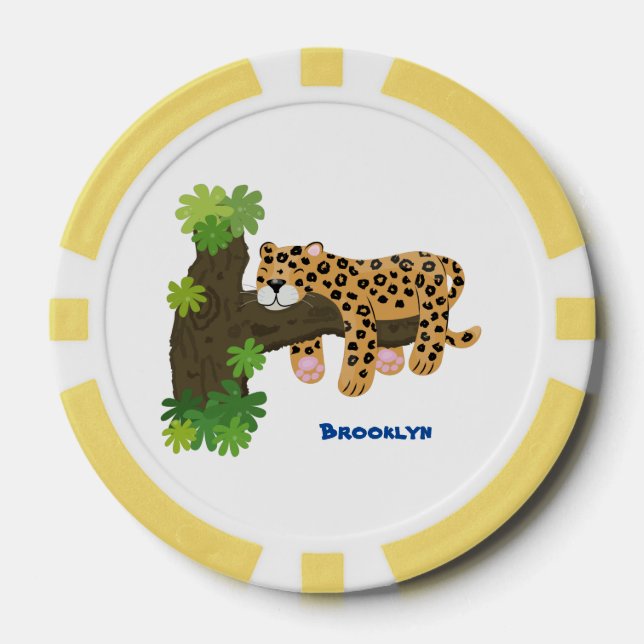 Cute leopard sleeping in tree cartoon illustration poker chips (Front)