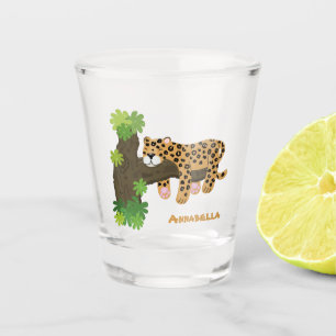 Cute leopard sleeping in tree cartoon illustration shot glass