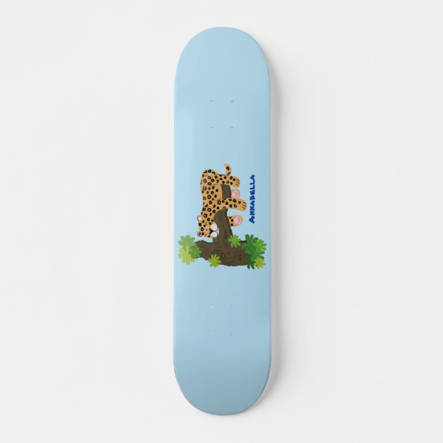 Cute leopard sleeping in tree cartoon illustration skateboard (Front)