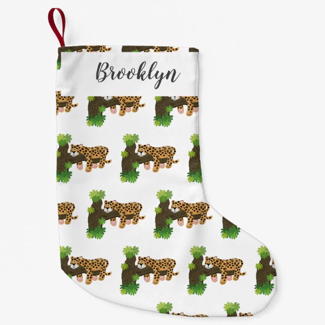 Cute leopard sleeping in tree cartoon illustration small christmas stocking (Front)