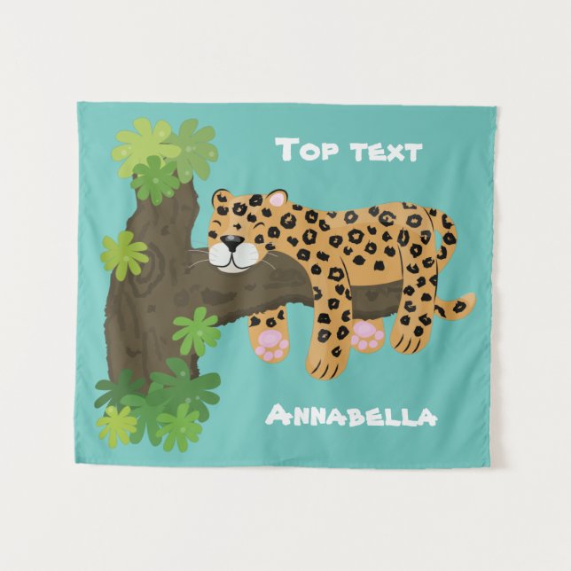 Cute leopard sleeping in tree cartoon illustration tapestry (Front (Horizontal))