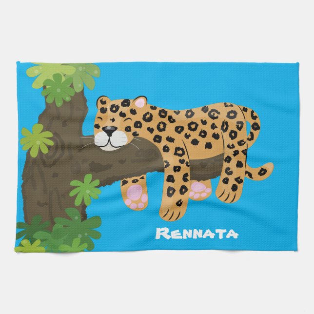 Cute leopard sleeping in tree cartoon illustration tea towel (Horizontal)
