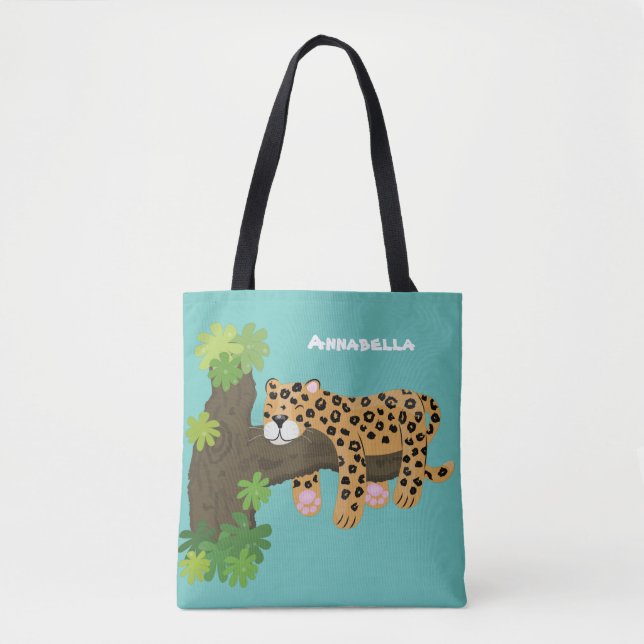 Cute leopard sleeping in tree cartoon illustration tote bag (Front)
