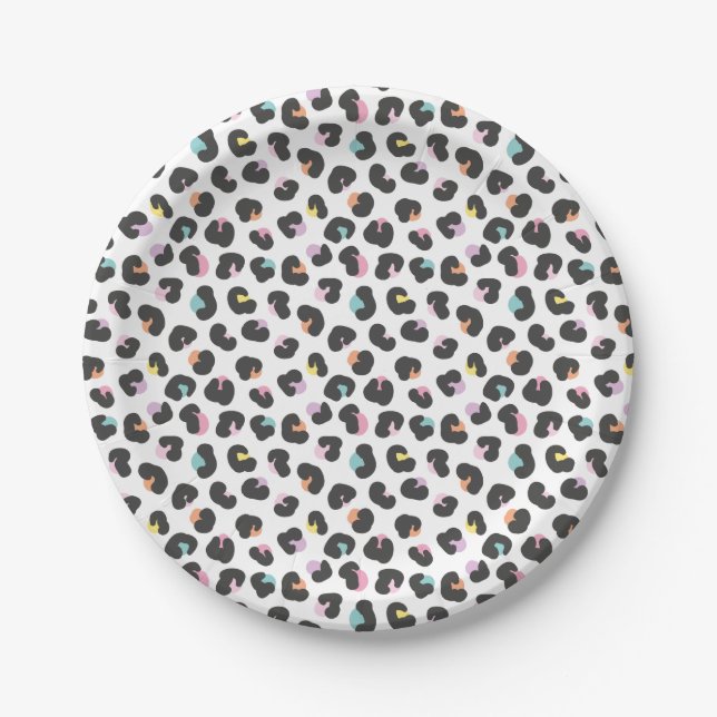 Cute leopard spots in pastel colours on white pape paper plate (Front)