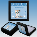 Cute leopard stars add name blue keepsake gift box<br><div class="desc">Keepsake Gift Box for children.
Personalise with a name.
Featuring a cute leopard,  polka dots and stars with the colours blue and white.</div>
