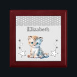 Cute leopard stars add name grey keepsake gift box<br><div class="desc">Keepsake Gift Box for children.
Personalise with a name.
Featuring a cute leopard,  polka dots and stars with the colours grey and white.</div>