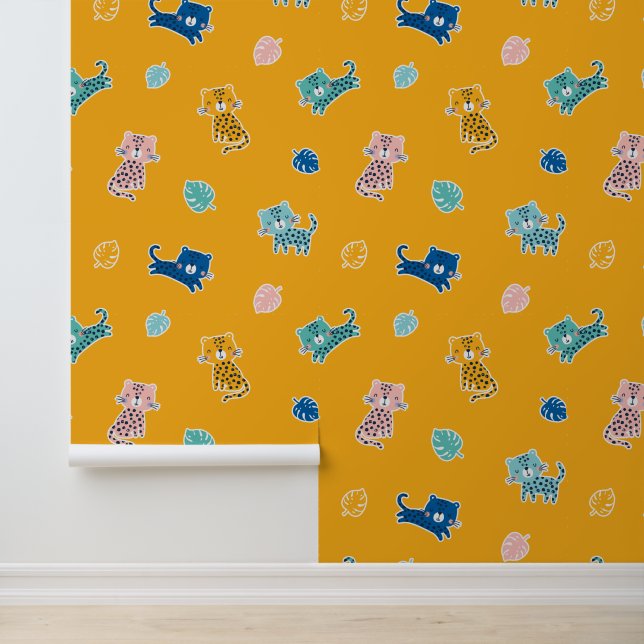 Cute Leopards with jungle leafs on mustard Wallpaper (Application)