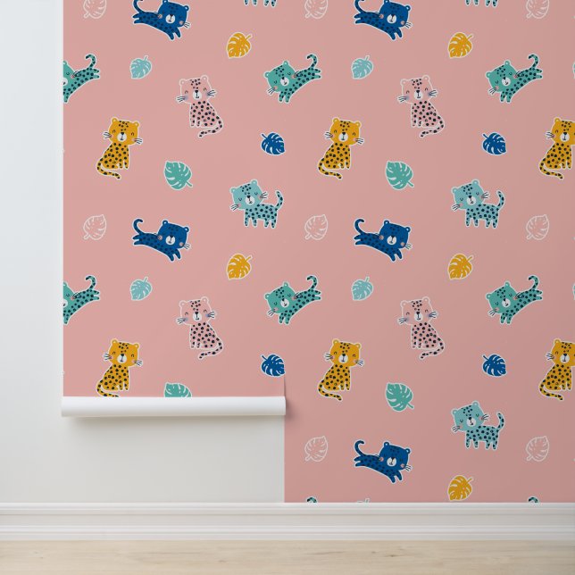 Cute Leopards with jungle leafs on Pink Wallpaper (Application)