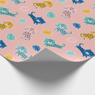 Cute Leopards with jungle leafs on Pink Wrapping Paper