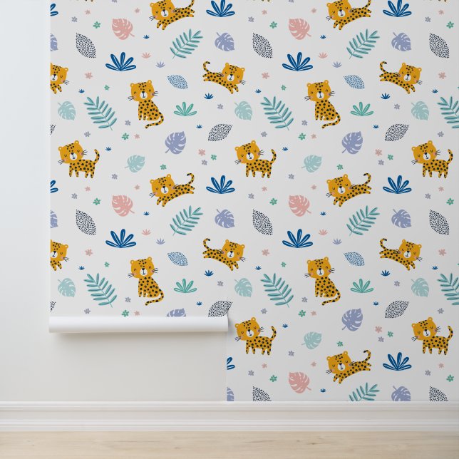Cute Leopards with jungle leafs white Wallpaper (Application)