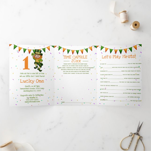 Cute leprechaun dancing with shamrock kids party Tri-Fold invitation (Inside)