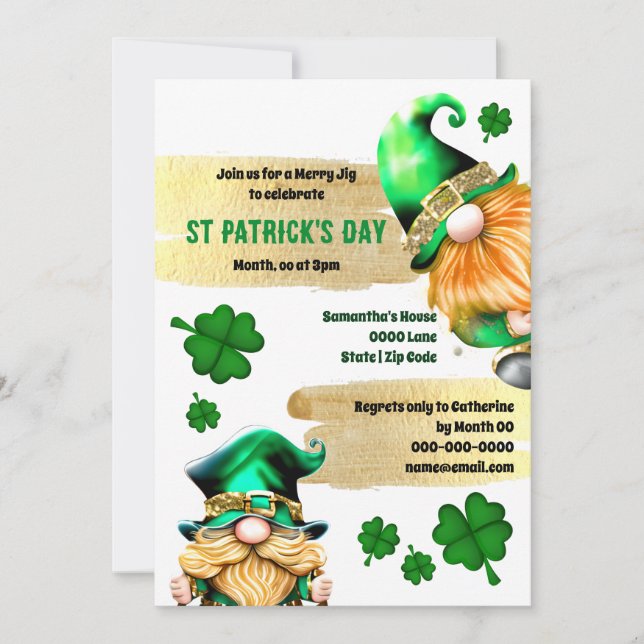 Cute leprechaun gnomes gold green fun modern chic invitation (Front)