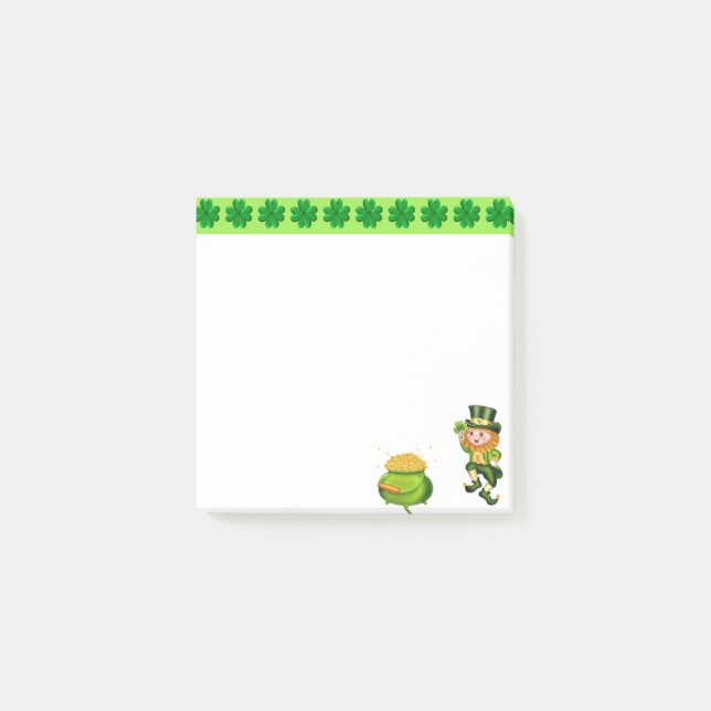Cute leprechaun, lucky shamrocks & pot of gold post-it notes (Front)