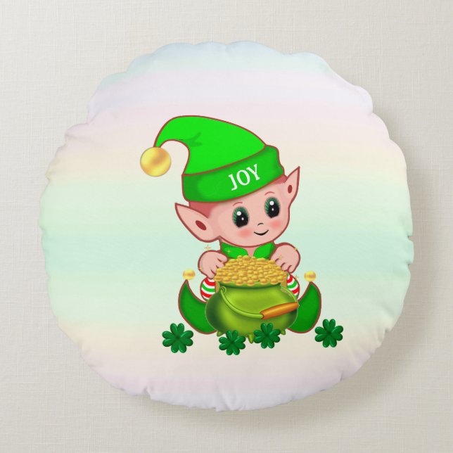 Cute leprechaun, pot of gold & lucky shamrocks round cushion (Front)